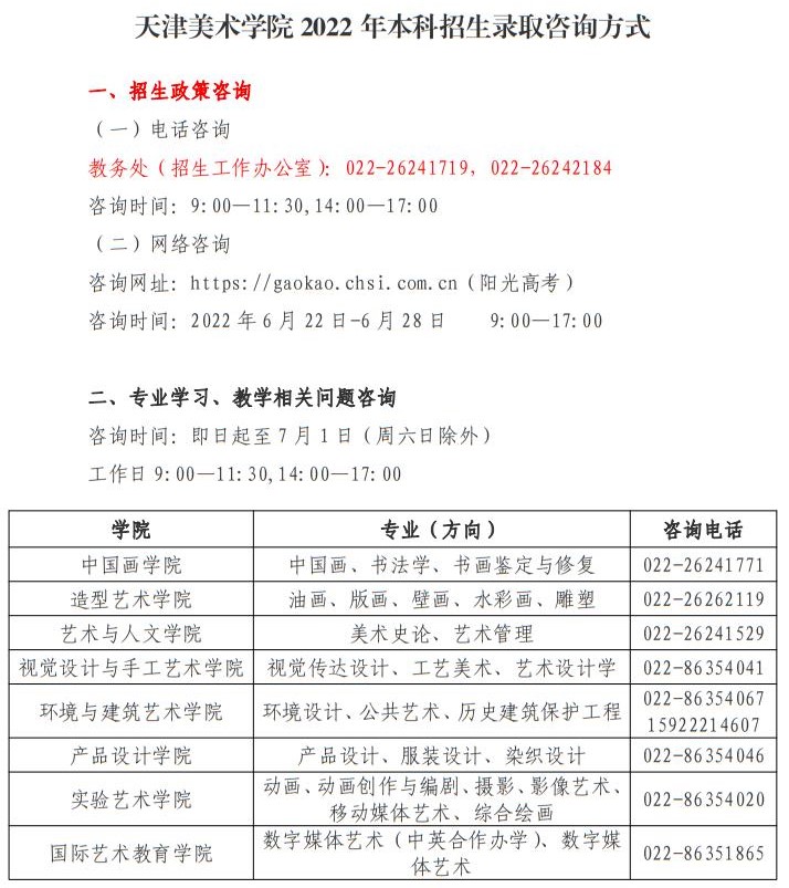 天津美術學院2022年本科招生錄取咨詢方式