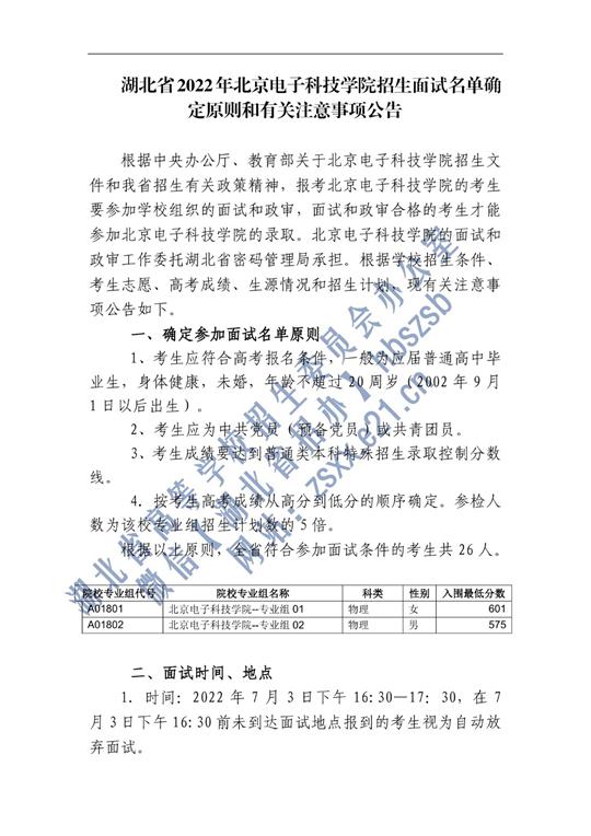 2022年北京電子科技學院在湖北省招生面試名單確定原則和有關注意事項公告