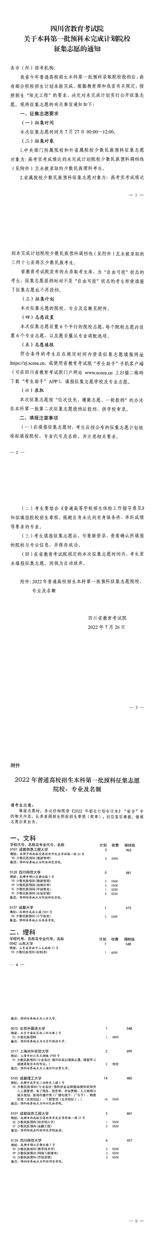 四川：關于本科第一批預科未完成計劃院校征集志愿的通知