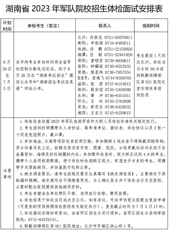 湖南省2023年軍隊(duì)院校招生體格檢查和面試工作手冊(cè)