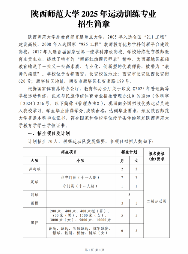 陜西師范大學(xué)2025年運(yùn)動訓(xùn)練專業(yè)招生簡章