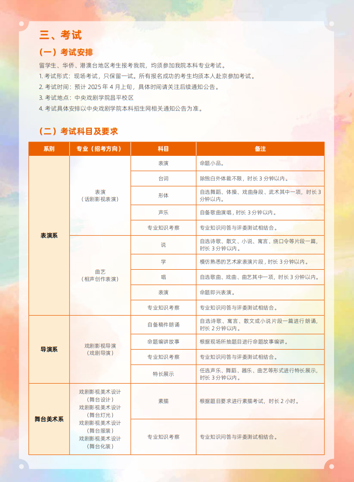 中央戲劇學(xué)院2025年本科招生留學(xué)生、華僑、港澳臺(tái)地區(qū)考生專業(yè)考試簡(jiǎn)章