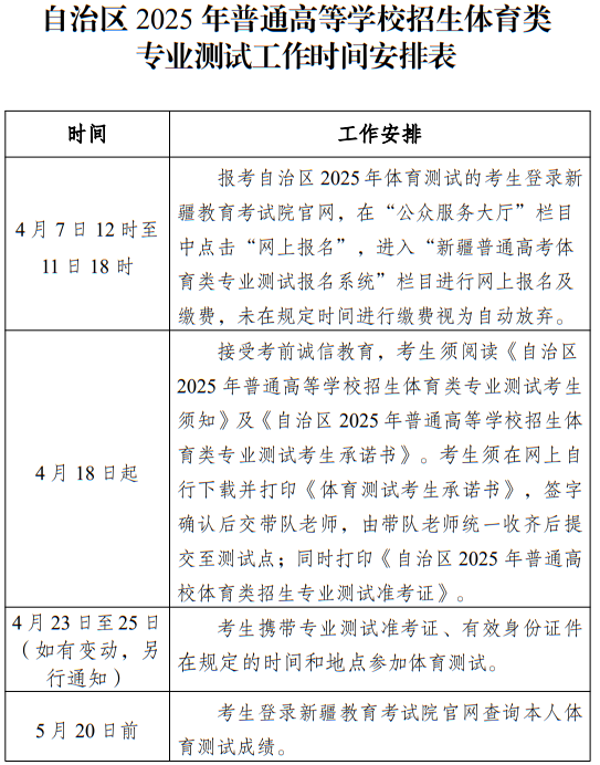 新疆：2025年普通高等學(xué)校招生體育類專業(yè)測試工作時間安排表