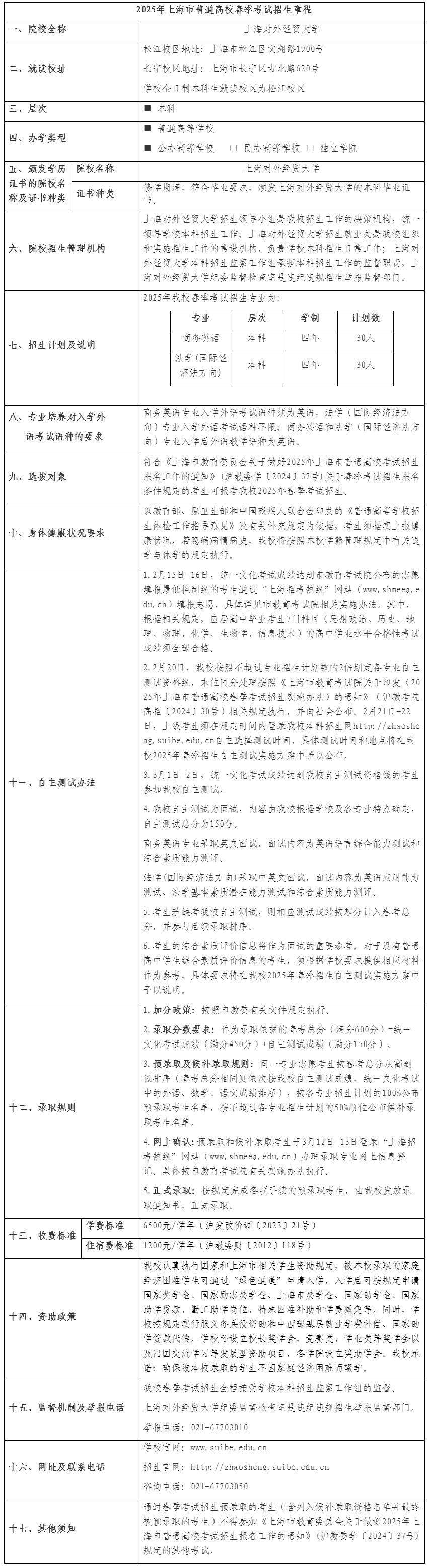 上海對(duì)外經(jīng)貿(mào)大學(xué)2025年春季考試招生章程