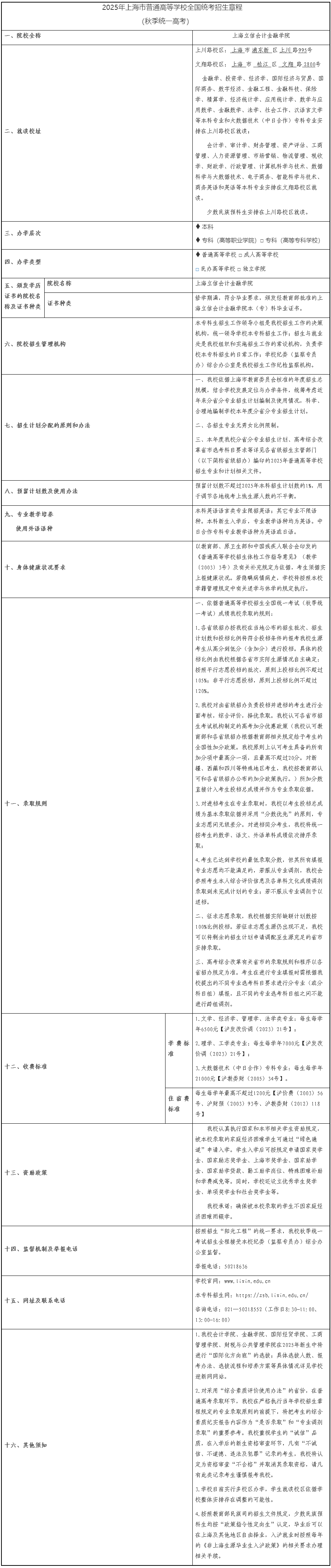 上海立信會計金融學院2025年秋季招生章程