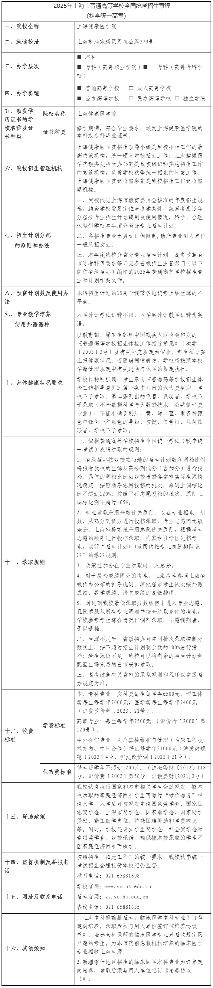 2025年上海健康醫(yī)學(xué)院全國統(tǒng)考招生章程（秋季統(tǒng)一高考）