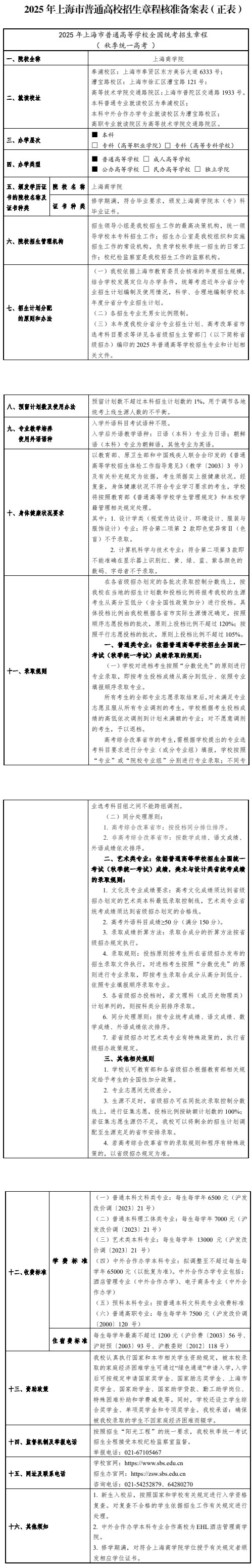 2025年上海商學院秋季招生章程
