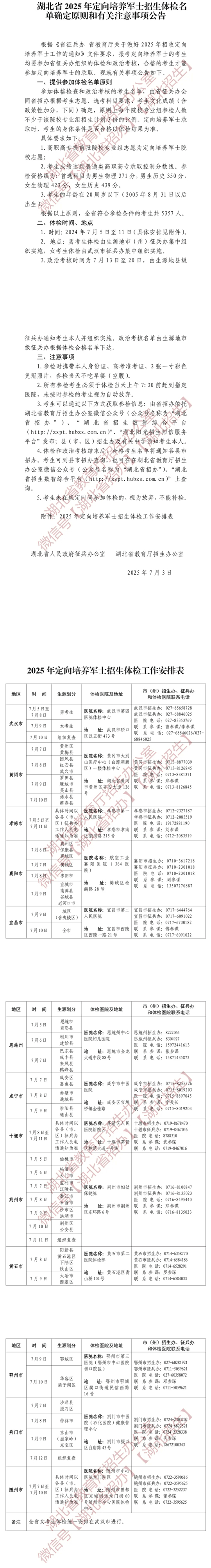 2025年湖北省定向培養(yǎng)軍士招生體檢名單確定原則和有關(guān)注意事項(xiàng)公告